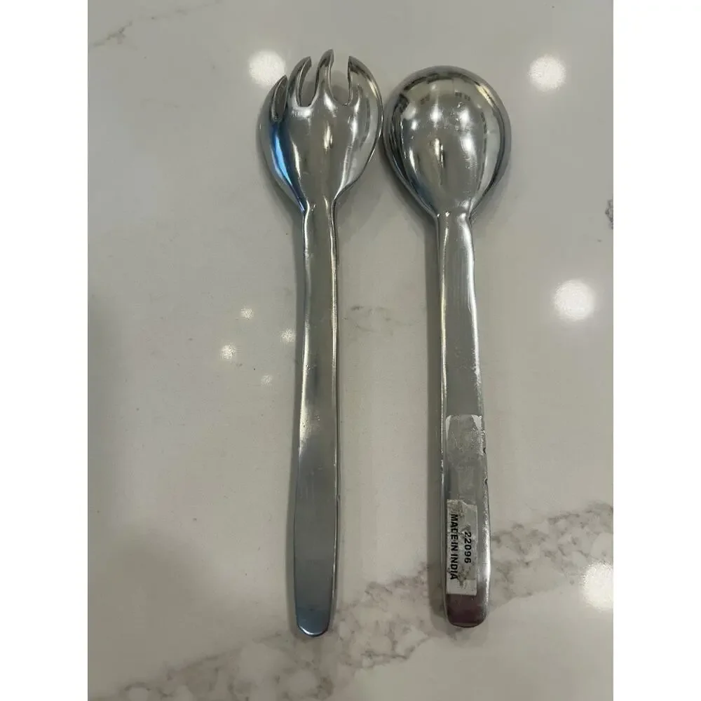 Pewter Salad Serving Set Spoon & Fork with Fluted Handles 9” Flatware made India